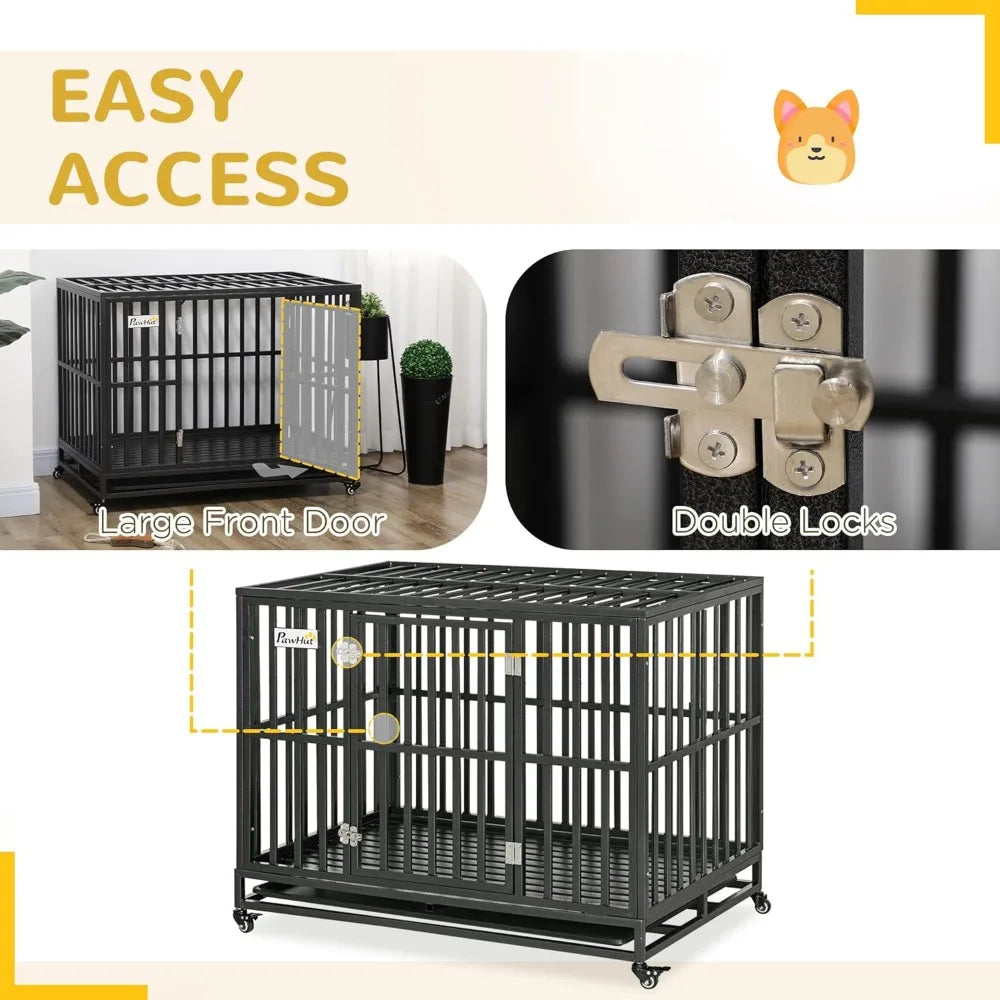 Heavy Duty Dog Crate Metal Kennel and Cage Dog Playpen with Lockable Wheels, Slide-Out Tray and Anti-Pinching Floor